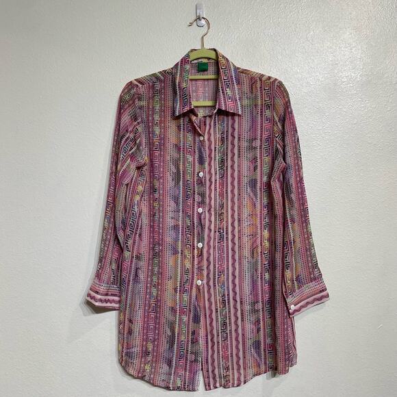 Muze New York Pink Sheer Button Down Sz L - Picture 2 of 12